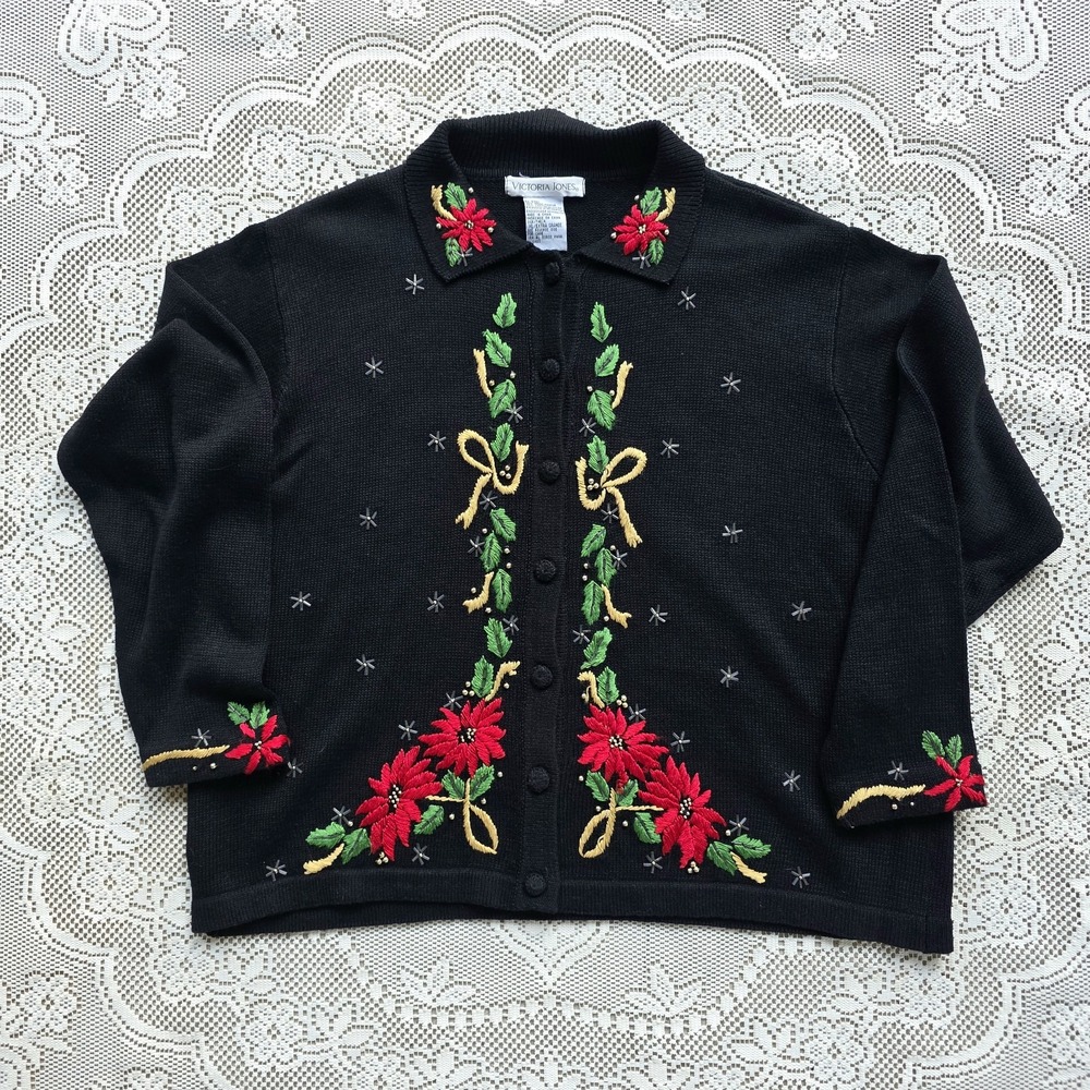 Victoria Jones Christmas Sweater Sz XL Black Poinsettia Embroidered 90s VTG